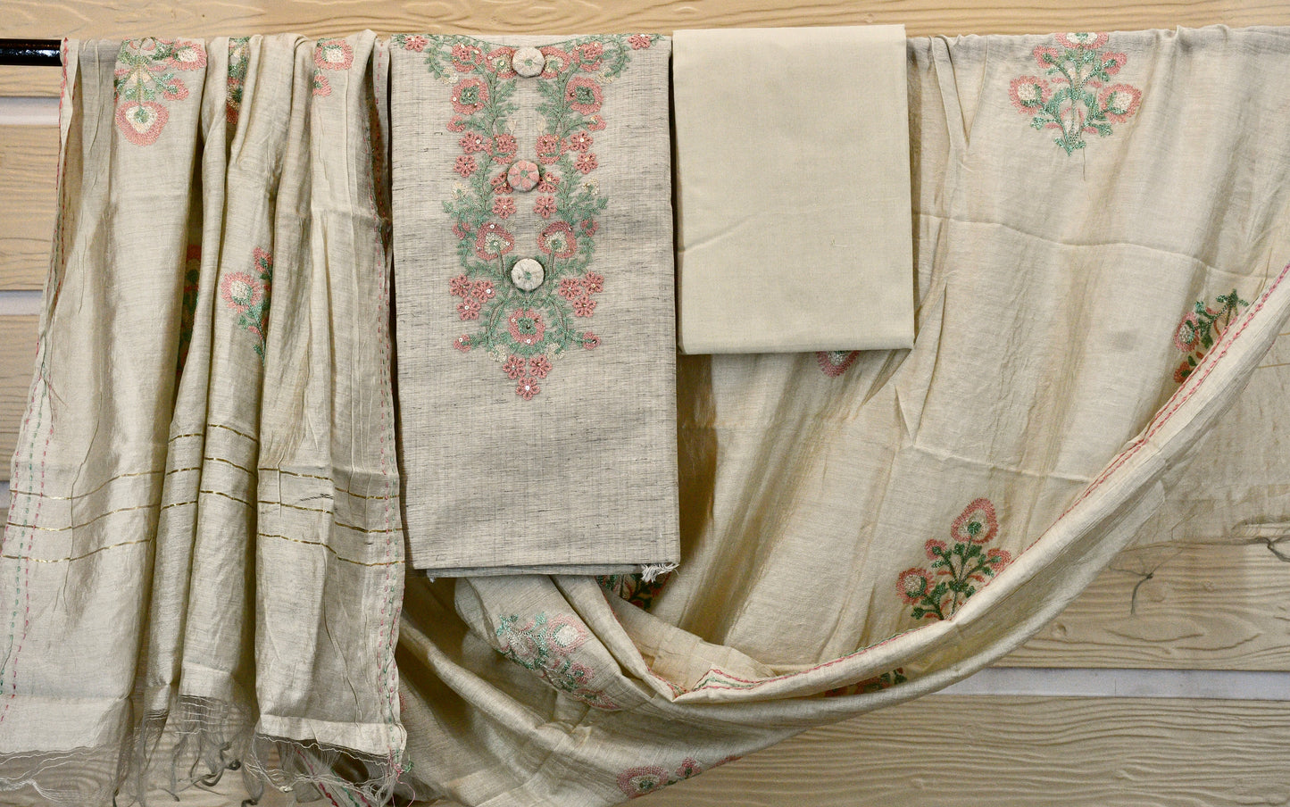 Khadi Cotton Dress Material with Floral Embroidered Neck & Dupatta