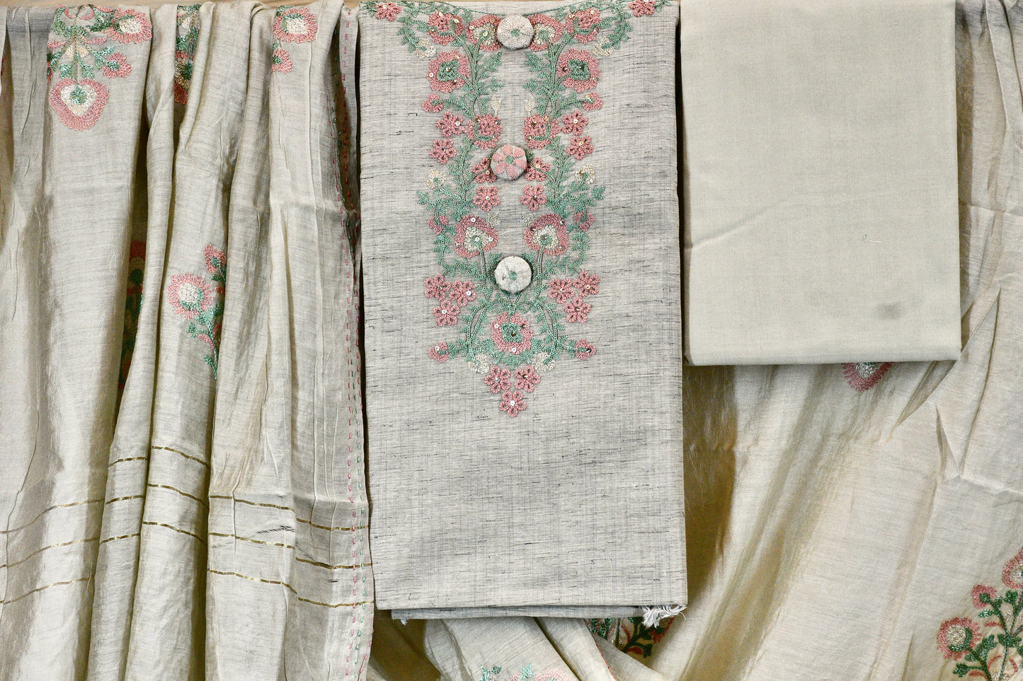 Khadi Cotton Dress Material with Floral Embroidered Neck & Dupatta