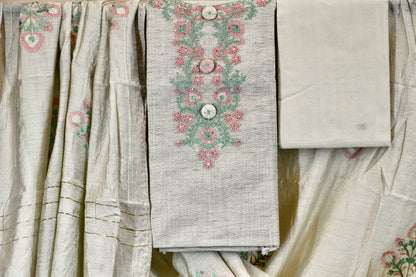 Khadi Cotton Dress Material with Floral Embroidered Neck & Dupatta