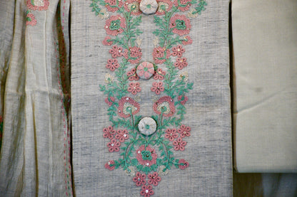 Khadi Cotton Dress Material with Floral Embroidered Neck & Dupatta