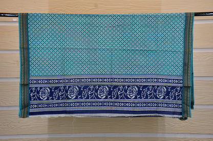 Teal Blue Printed Cotton Dress Material with Contrast Border Dupatta