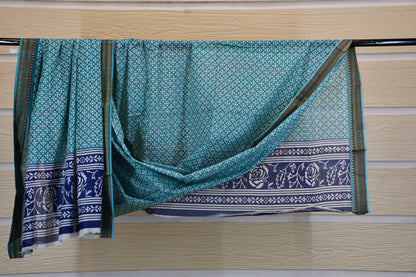 Teal Blue Printed Cotton Dress Material with Contrast Border Dupatta