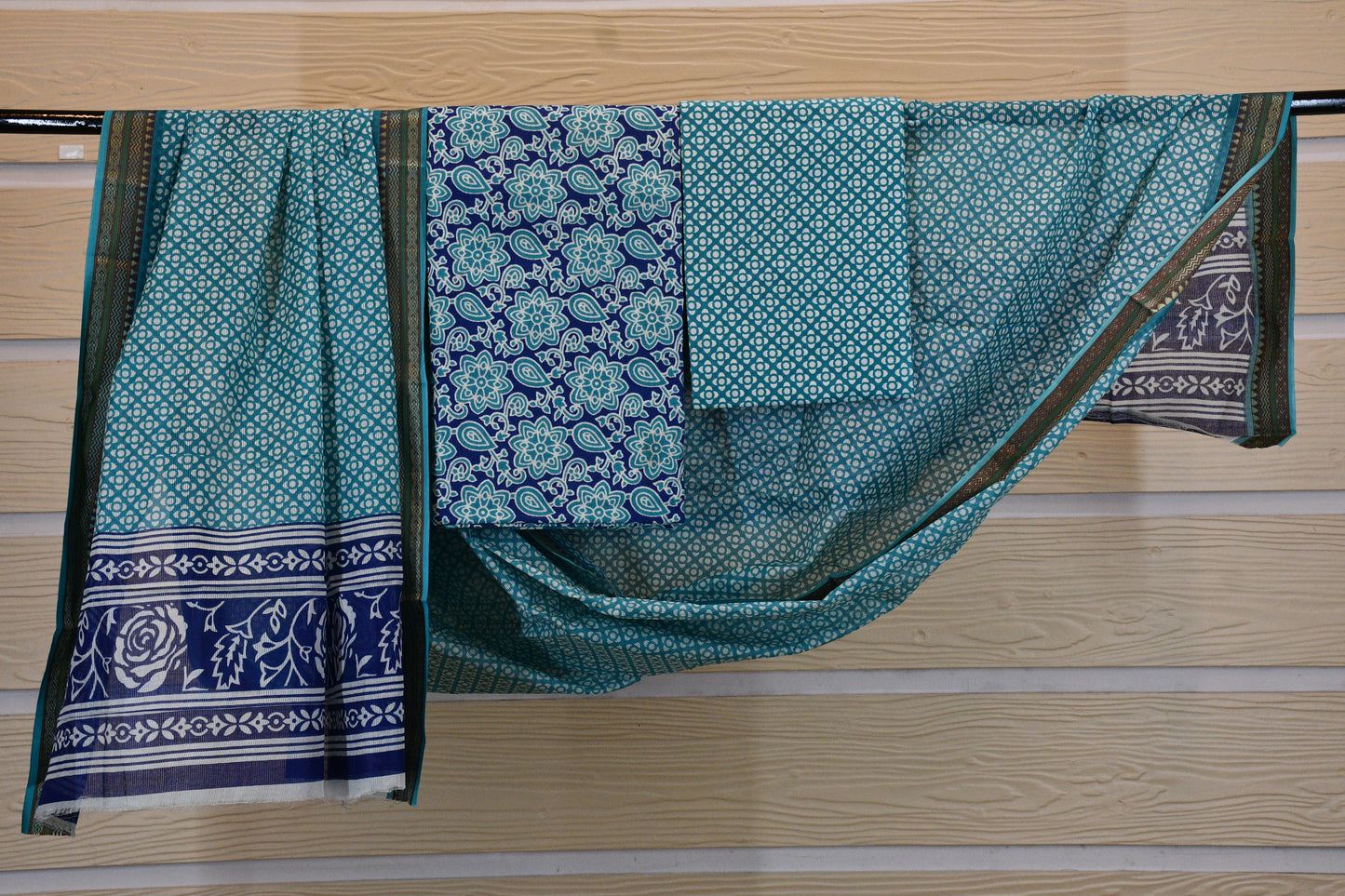Teal Blue Printed Cotton Dress Material with Contrast Border Dupatta