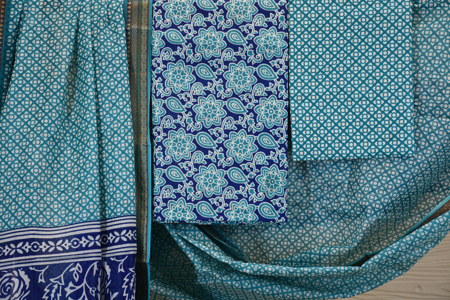 Teal Blue Printed Cotton Dress Material with Contrast Border Dupatta