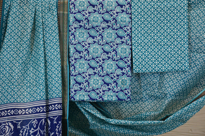 Teal Blue Printed Cotton Dress Material with Contrast Border Dupatta
