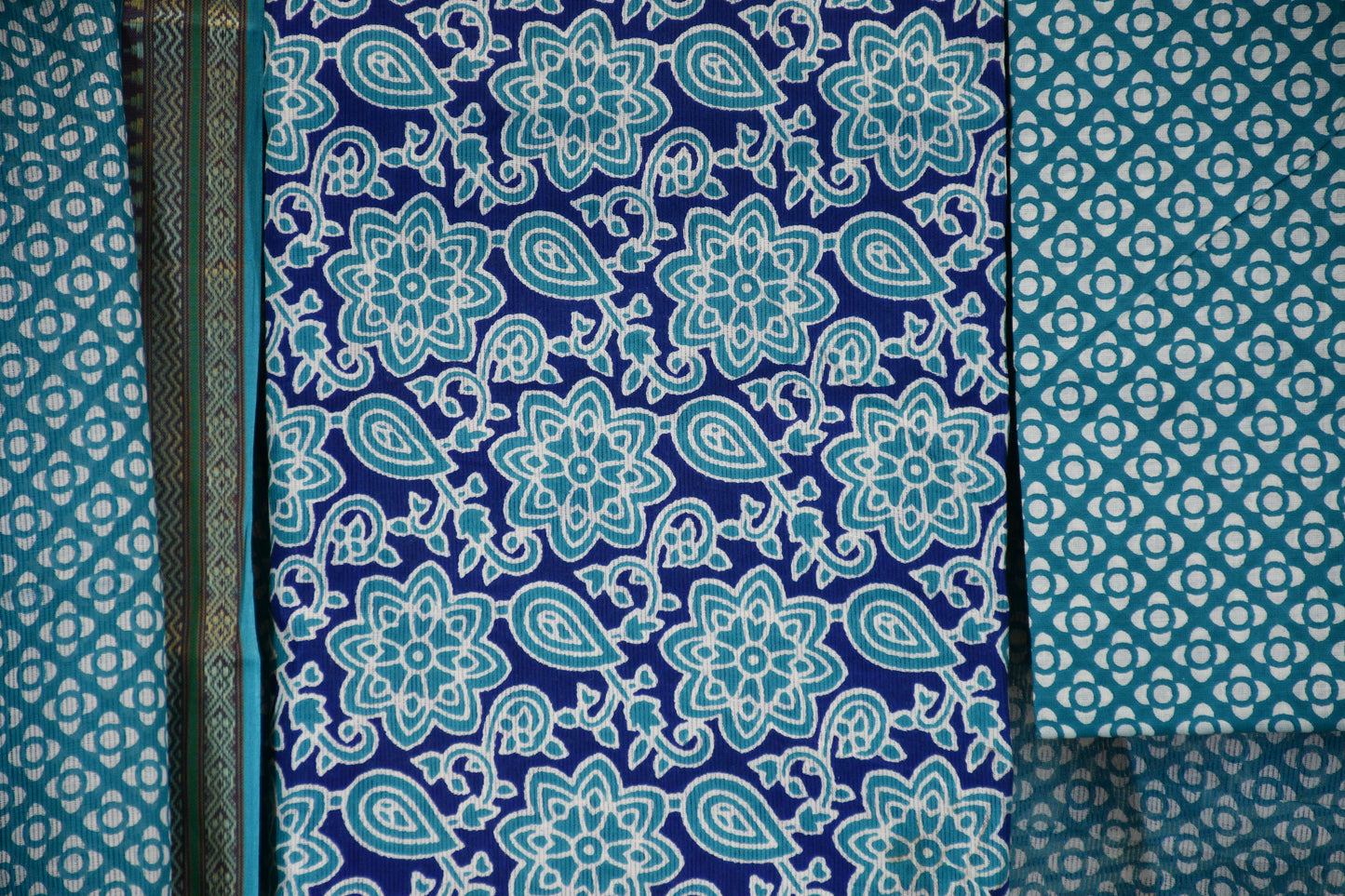 Teal Blue Printed Cotton Dress Material with Contrast Border Dupatta