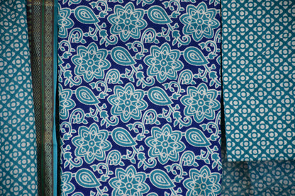 Teal Blue Printed Cotton Dress Material with Contrast Border Dupatta