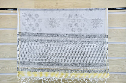 White & Grey Hand Block Printed Cotton Dress Material with Kota Doria Dupatta