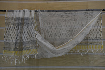 White Hand Block Printed Cotton Dress Material & Kota Doria Dupatta