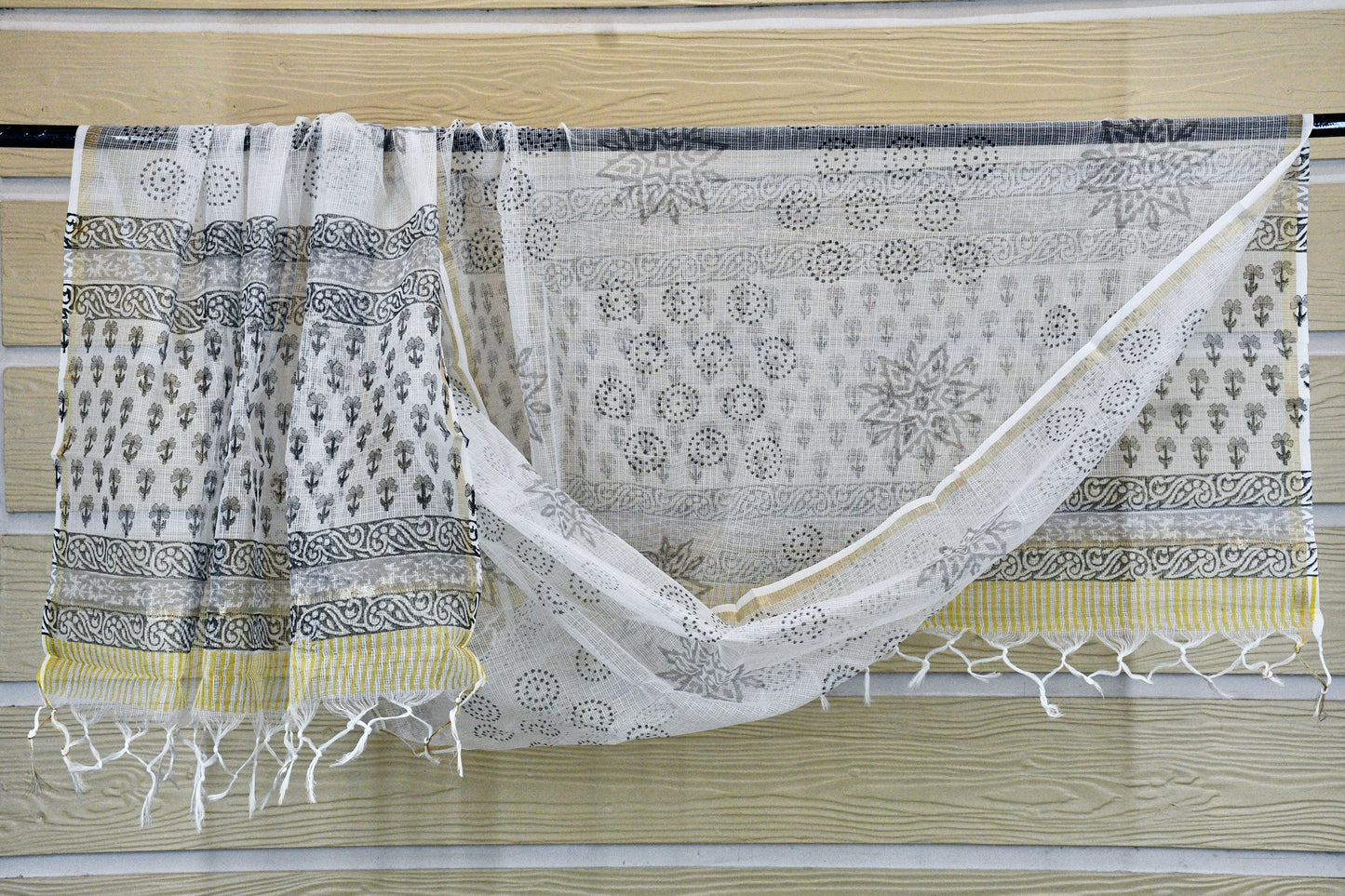 White & Grey Hand Block Printed Cotton Dress Material with Kota Doria Dupatta