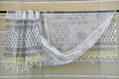 White & Grey Hand Block Printed Cotton Dress Material with Kota Doria Dupatta