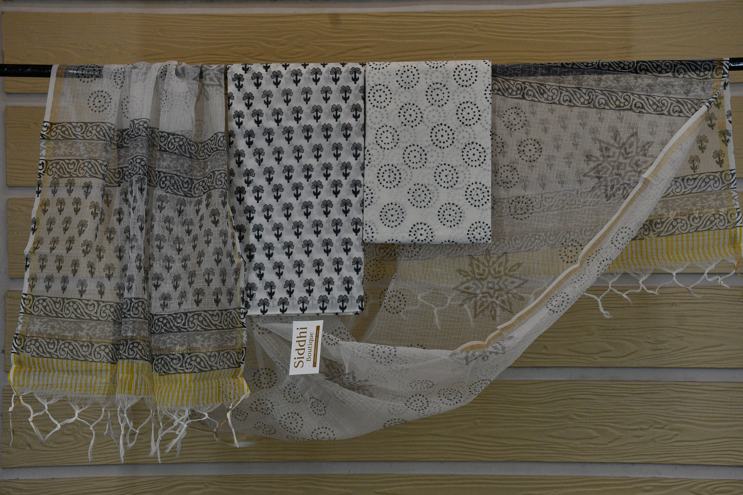 White Hand Block Printed Cotton Dress Material & Kota Doria Dupatta