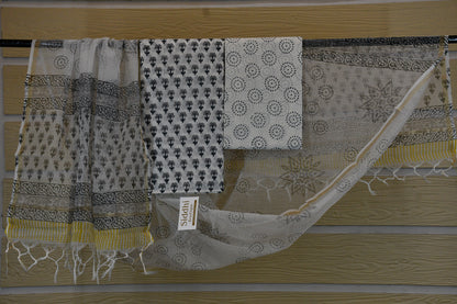 White Hand Block Printed Cotton Dress Material & Kota Doria Dupatta