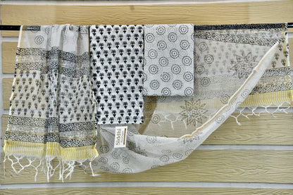 White & Grey Hand Block Printed Cotton Dress Material with Kota Doria Dupatta
