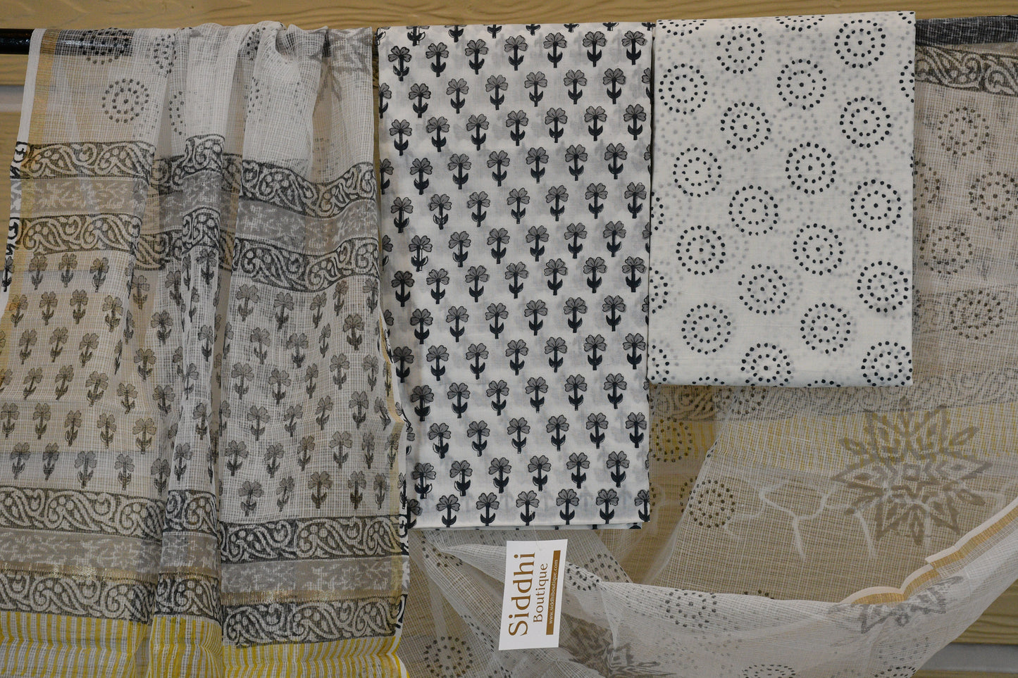 White Hand Block Printed Cotton Dress Material & Kota Doria Dupatta