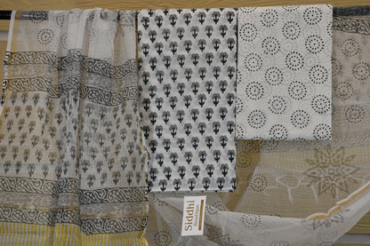 White Hand Block Printed Cotton Dress Material & Kota Doria Dupatta
