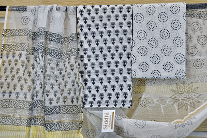 White & Grey Hand Block Printed Cotton Dress Material with Kota Doria Dupatta