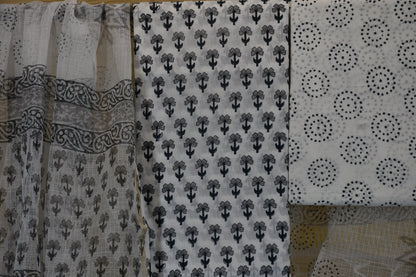 White Hand Block Printed Cotton Dress Material & Kota Doria Dupatta