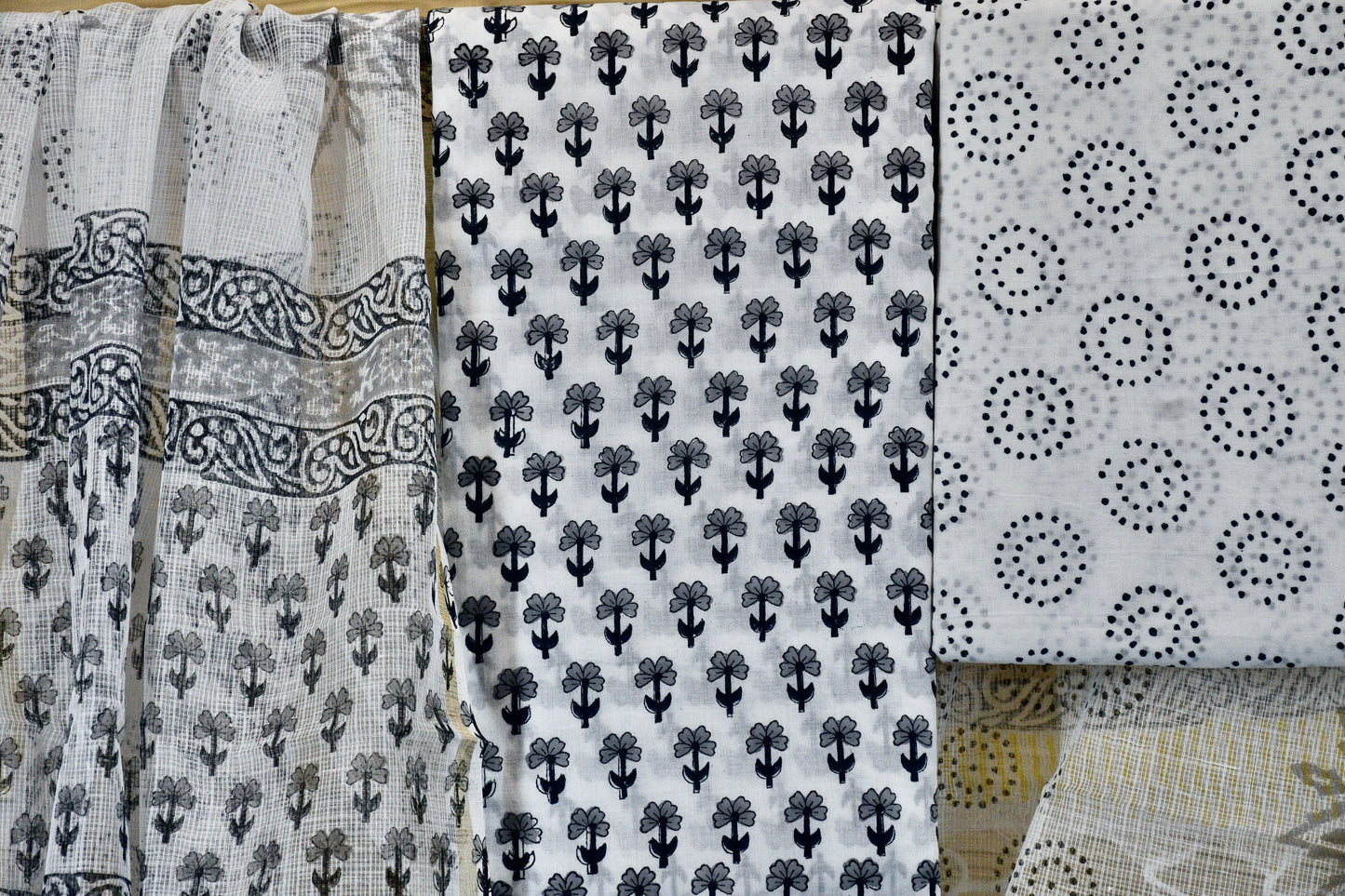 White & Grey Hand Block Printed Cotton Dress Material with Kota Doria Dupatta
