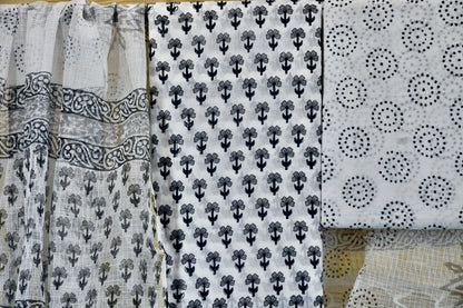 White & Grey Hand Block Printed Cotton Dress Material with Kota Doria Dupatta