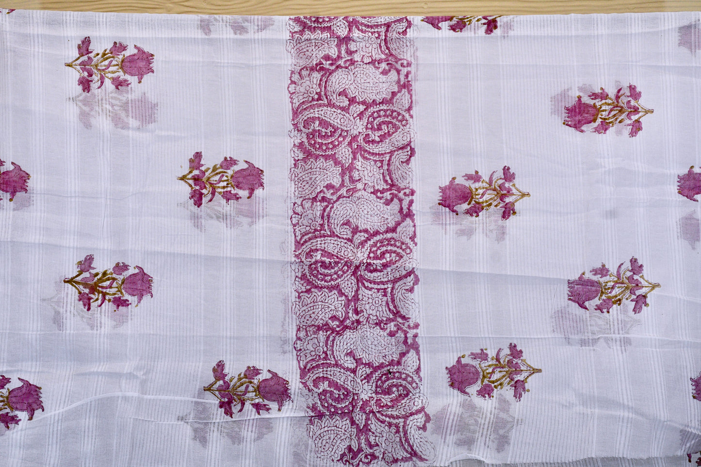 White Cotton Dress Material with Pink Hand Block Floral Motifs & Printed Bottom Dupatta Set