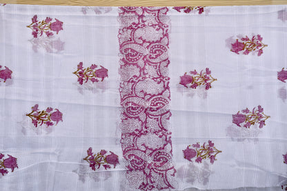 White Cotton Dress Material with Pink Hand Block Floral Motifs & Printed Bottom Dupatta Set