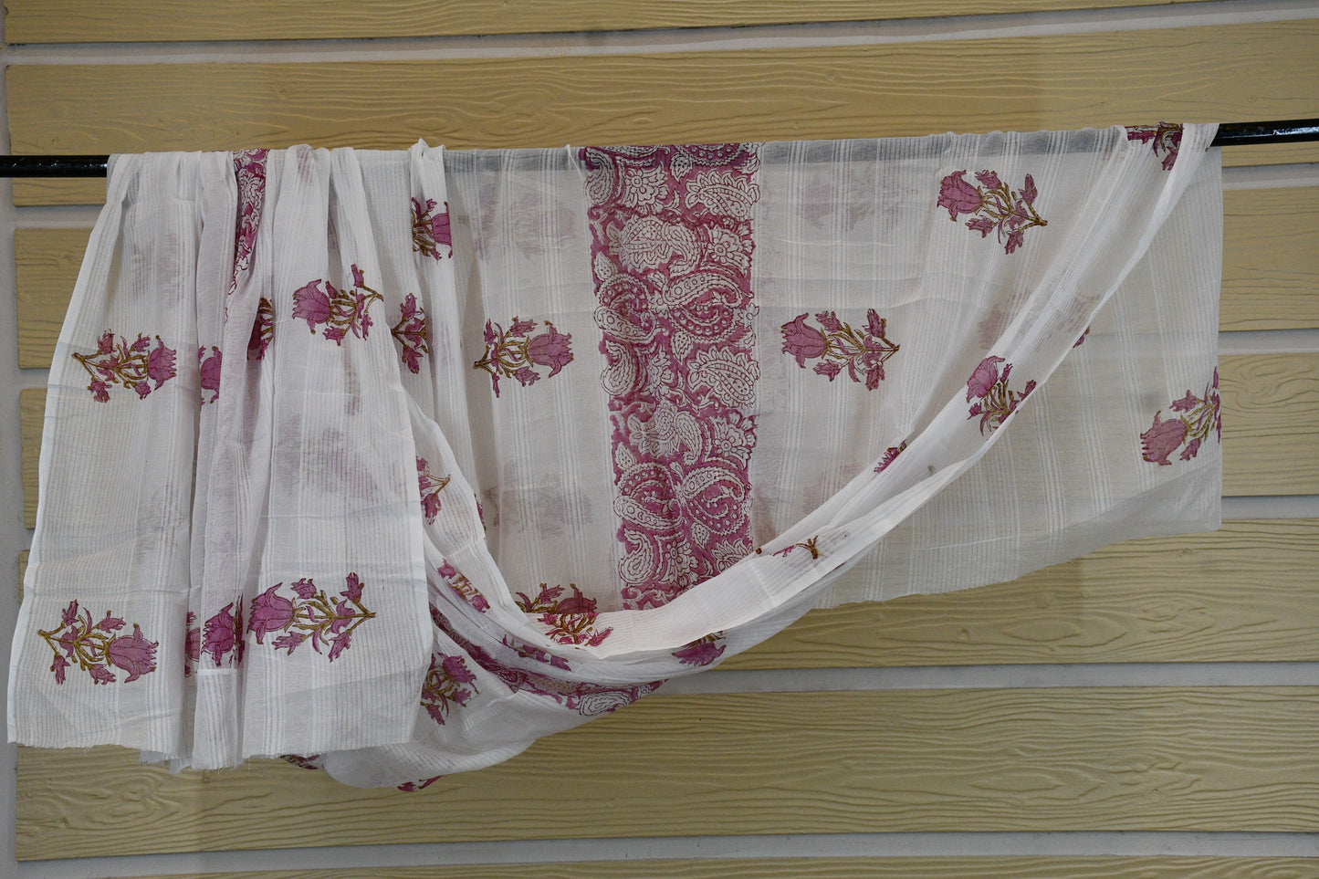 White Cotton Dress Material with Pink Hand Block Floral Motifs & Printed Bottom Dupatta Set