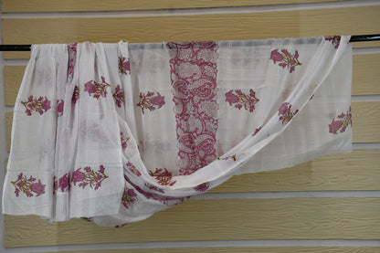 White Cotton Dress Material with Pink Hand Block Floral Motifs & Printed Bottom Dupatta Set