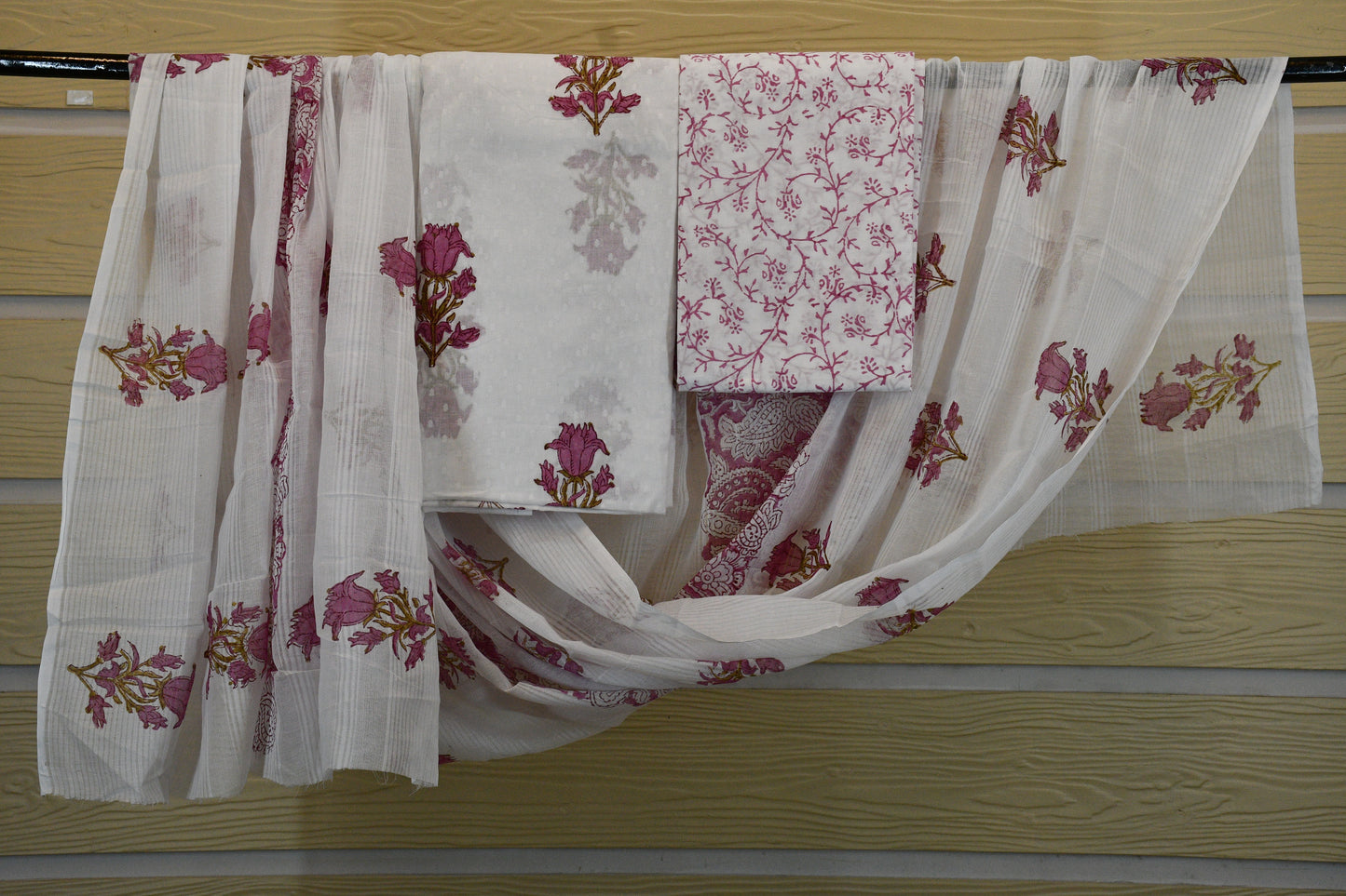 White & Pink Hand Block Printed Cotton Dress Material