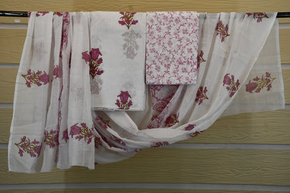 White & Pink Hand Block Printed Cotton Dress Material