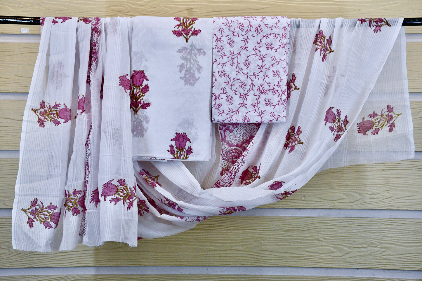 White Cotton Dress Material with Pink Hand Block Floral Motifs & Printed Bottom Dupatta Set