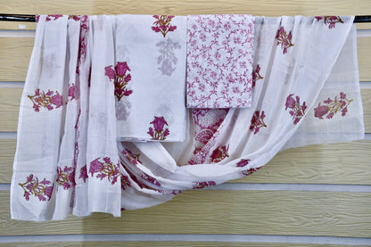 White Cotton Dress Material with Pink Hand Block Floral Motifs & Printed Bottom Dupatta Set