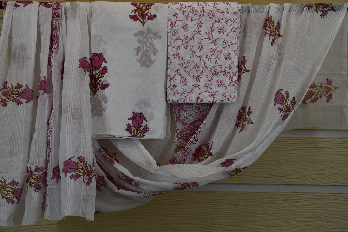 White & Pink Hand Block Printed Cotton Dress Material