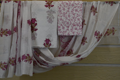 White & Pink Hand Block Printed Cotton Dress Material