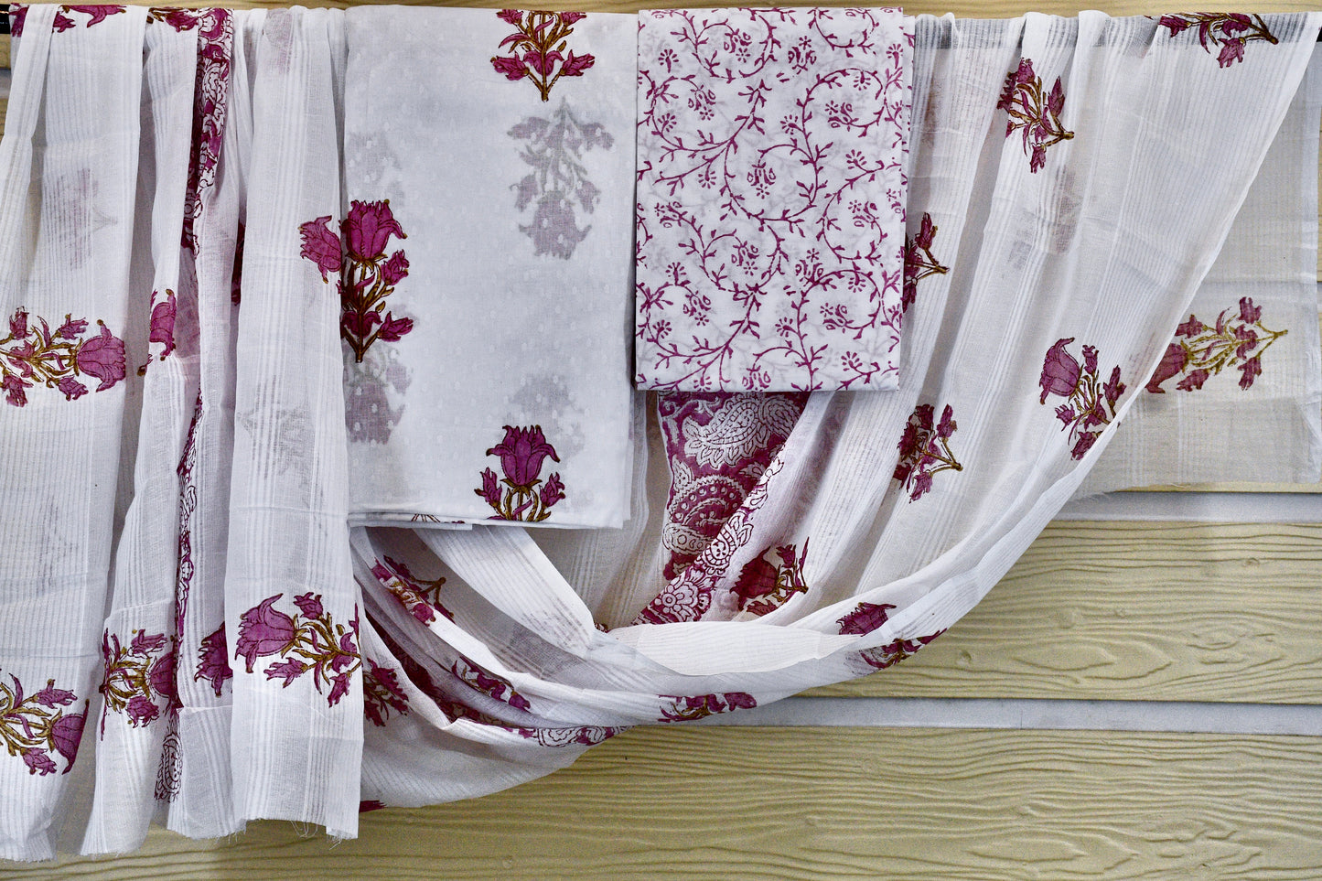 White Cotton Dress Material with Pink Hand Block Floral Motifs & Printed Bottom Dupatta Set