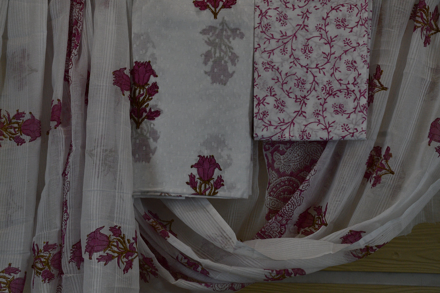 White & Pink Hand Block Printed Cotton Dress Material