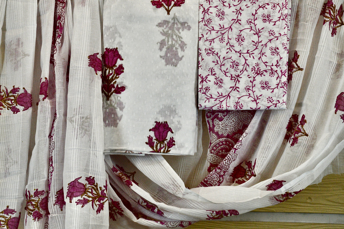 White Cotton Dress Material with Pink Hand Block Floral Motifs & Printed Bottom Dupatta Set