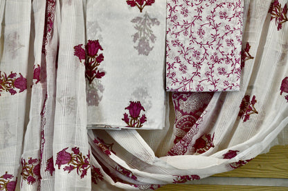 White Cotton Dress Material with Pink Hand Block Floral Motifs & Printed Bottom Dupatta Set