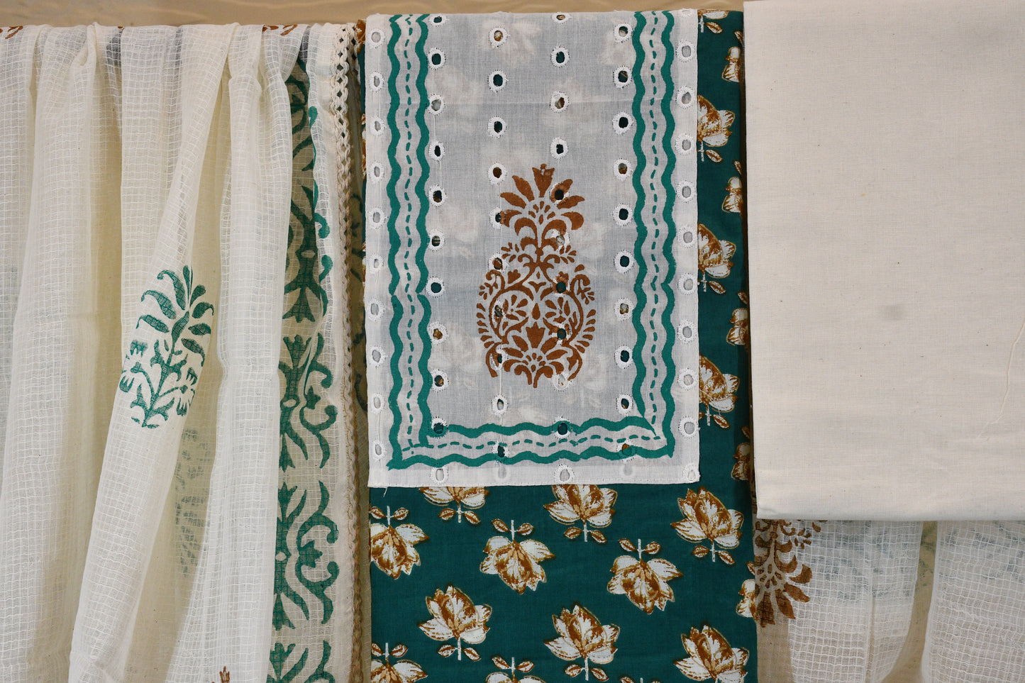 Turquoise Cotton Dress Material with White Bottom & Printed Dupatta