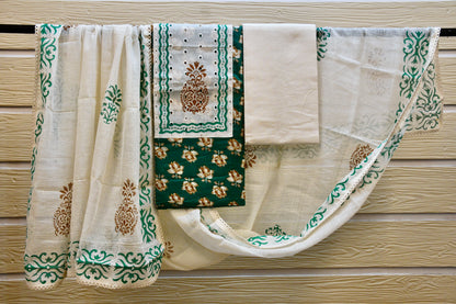Turquoise Cotton Dress Material with White Bottom & Printed Dupatta