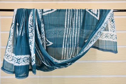 Blue Dabu Printed Cotton Dress Material with Batik Bottom & Dupatta Set