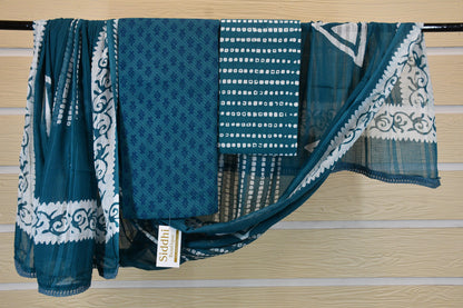 Blue Dabu Printed Cotton Dress Material with Batik Bottom & Dupatta Set