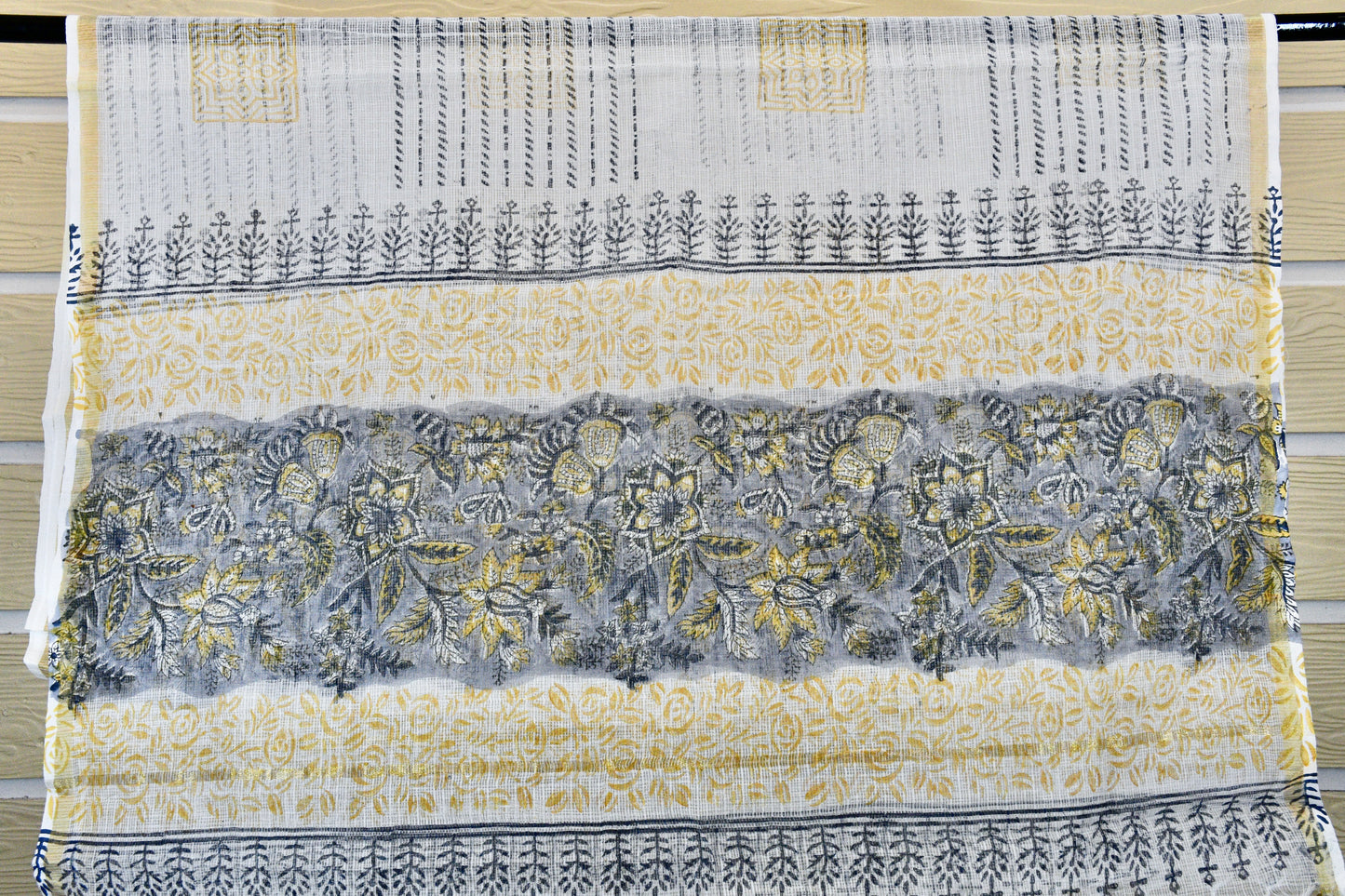 Blue & Yellow Hand Block Printed Cotton Dress Material with Kota Doria Dupatta