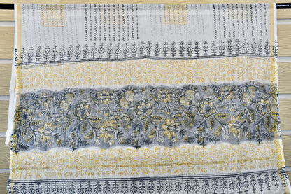 Blue & Yellow Hand Block Printed Cotton Dress Material with Kota Doria Dupatta