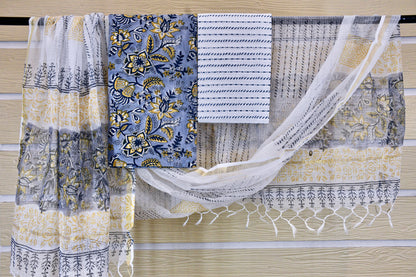 Blue & Yellow Hand Block Printed Cotton Dress Material with Kota Doria Dupatta