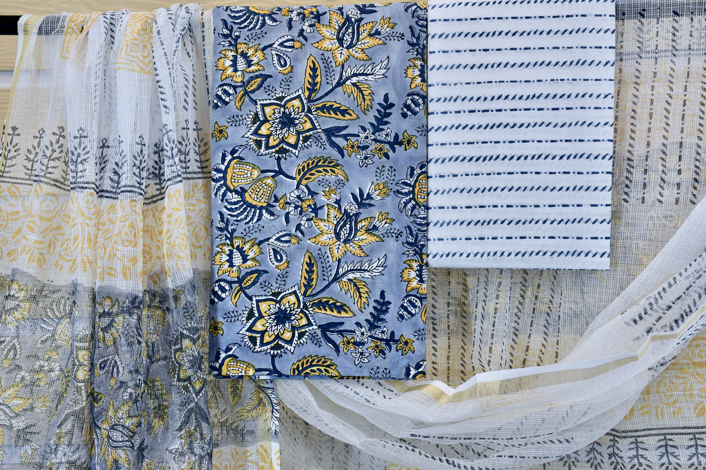 Blue & Yellow Hand Block Printed Cotton Dress Material with Kota Doria Dupatta