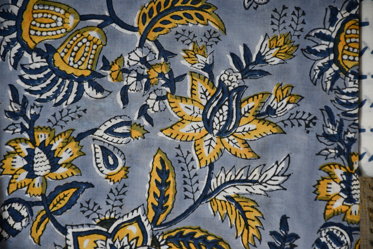 Blue & Yellow Hand Block Printed Cotton Dress Material with Kota Doria Dupatta