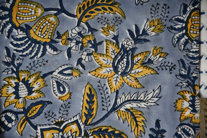 Blue & Yellow Hand Block Printed Cotton Dress Material with Kota Doria Dupatta