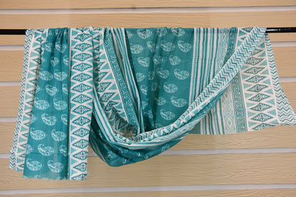 Blue Cotton Dress Material with Keri Motif & Printed Bottom Dupatta Set