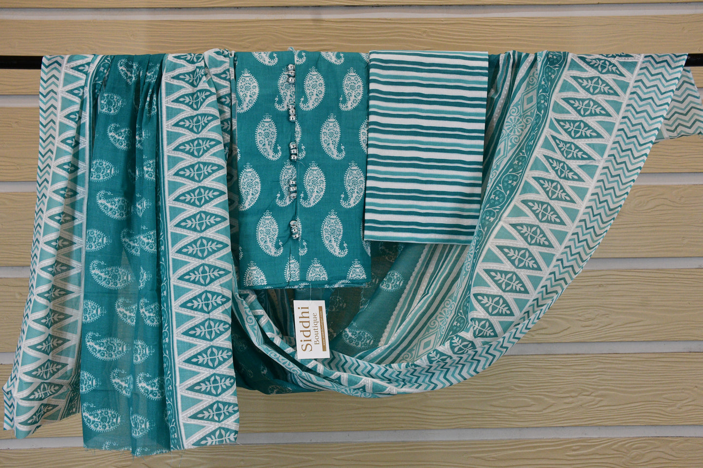 Blue Cotton Dress Material with Keri Motif & Printed Bottom Dupatta Set